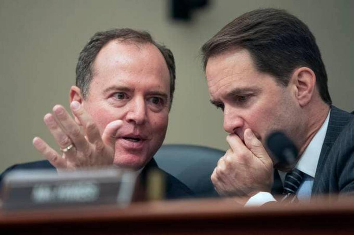 Rep. Jim Himes (D-Conn.) speaks with Rep. Adam Schiff (D-Calif.) during a hearing on the Mueller Report on Capitol Hill. (AP Photo/Manuel Balce Ceneta)