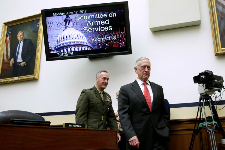 Defense Secretary James Mattis arrives for a Monday House Armed Services Committee hearing.&nbsp;(Yuri Gripas/Reuters)</p>  