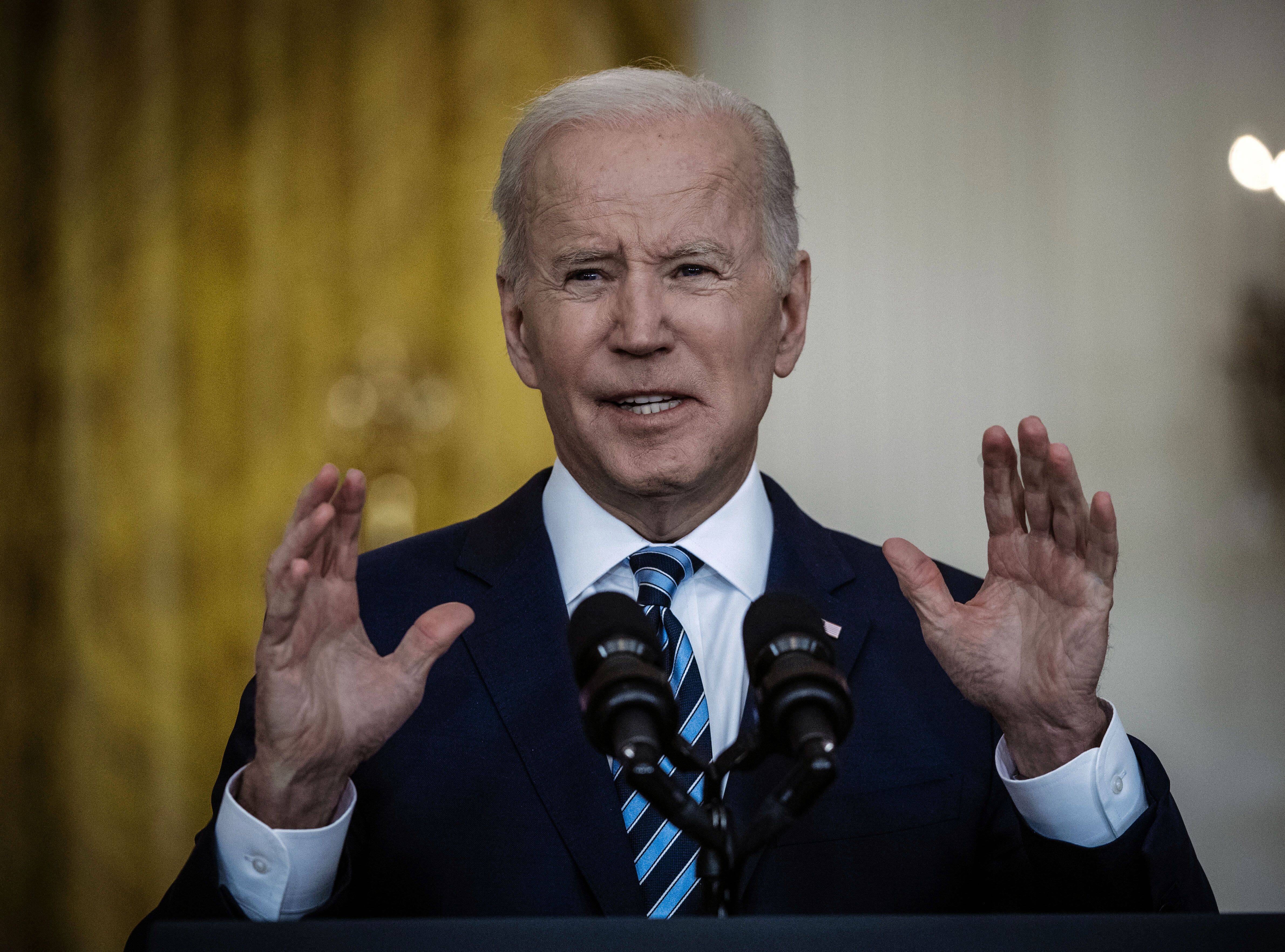 President Biden delivers remarks in the wake of Russia's invasion of Ukraine, in the East Room of the White House on Feb. 24. (Bill O'Leary/The Washington Post)