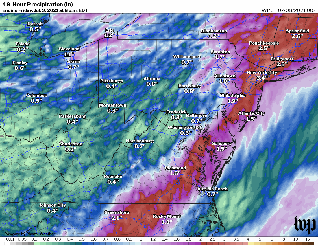 Forecast rainfall through Friday from the National Weather Service. (PivotalWeather)