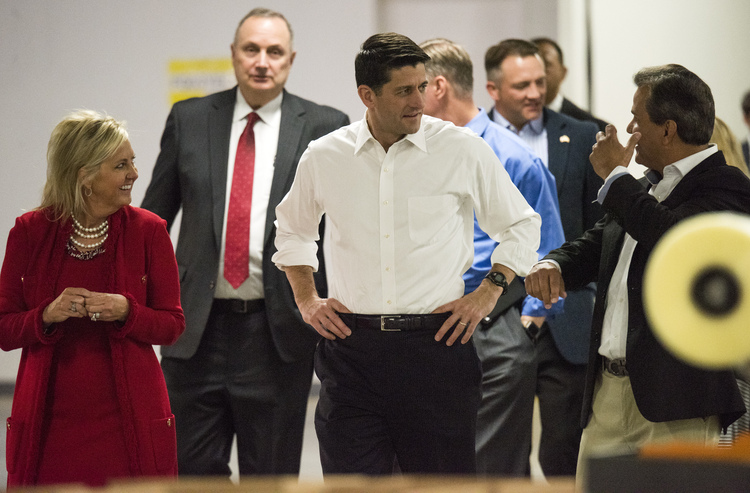 Paul Ryan tours a packaging factory yesterday in New Albany, Ohio. He came to talk about tax reform, but Donald Trump and the firing of James Comey&nbsp;sucked up all the oxygen and made it difficult for him to drive his message. (Ty Wright/Getty Images)</p>  