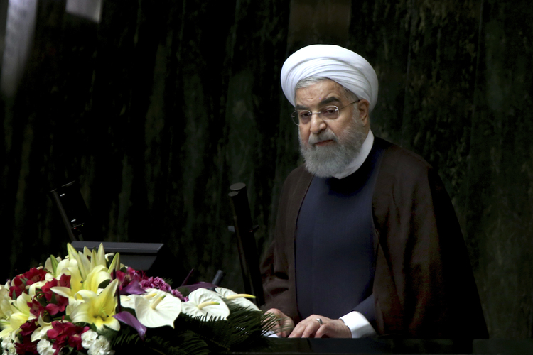 Hassan Rouhani speaks to the Iran parliament in Tehran today. (Vahid Salemi/AP)  