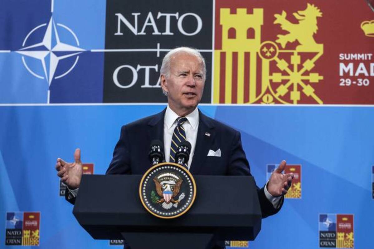 President Biden during a news conference following the final day of the North Atlantic Treaty Organization (NATO) summit at the Ifema congress center in Madrid, Spain, on Thursday. (Valeria Mongelli/Bloomberg)
