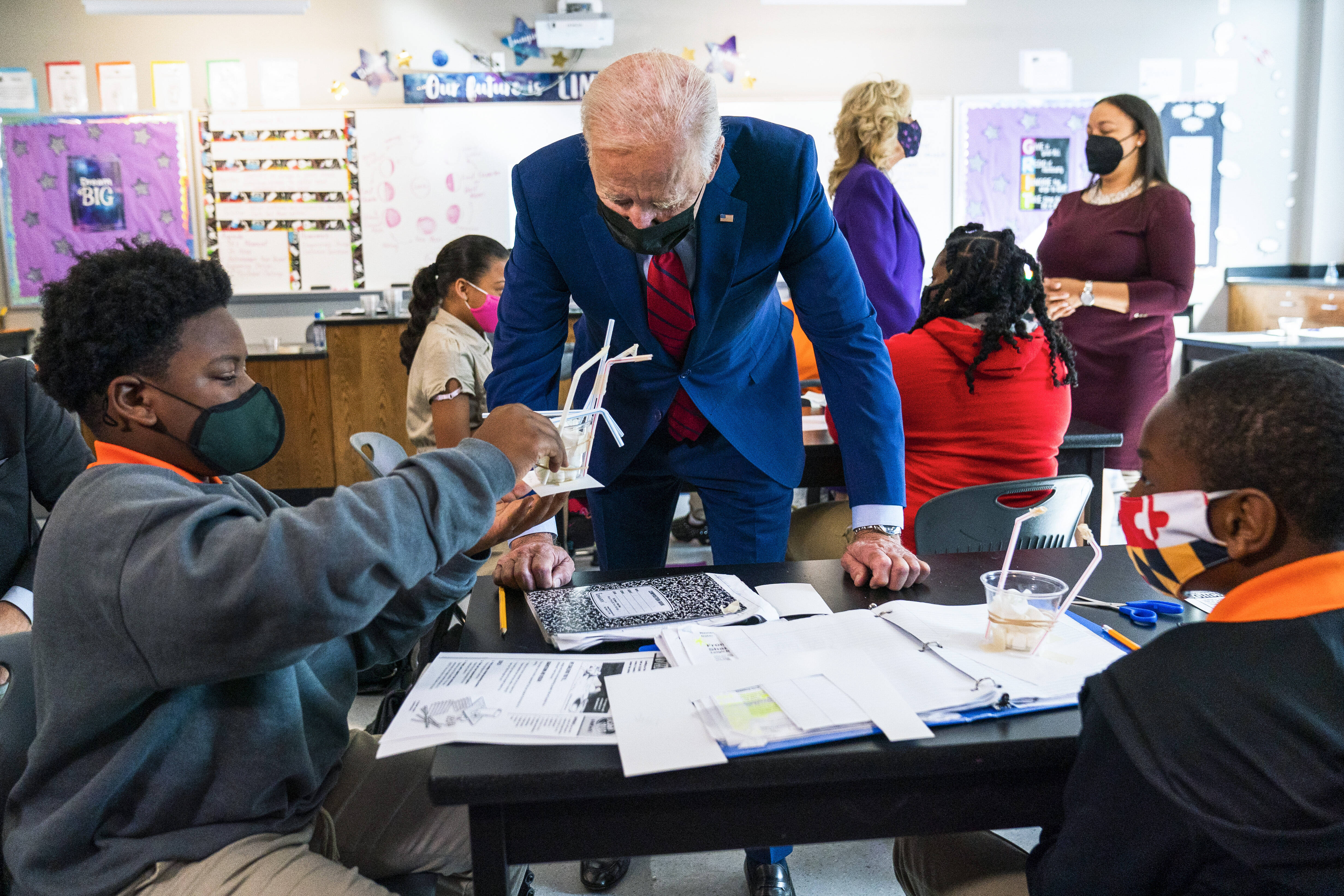 President Biden and first lady Jill Biden visits Brookland Middle School on Friday. (Manuel Balce Ceneta/AP)