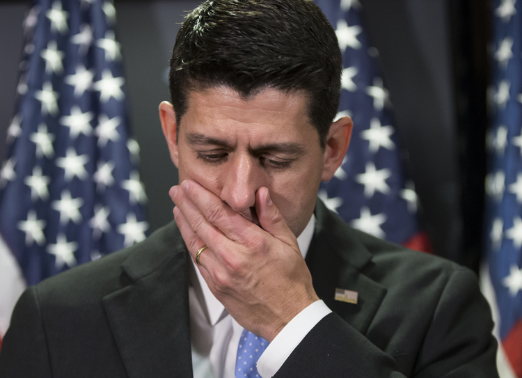 Paul Ryan speaks to reports yesterday.&nbsp;(AP Photo/J. Scott Applewhite)</p>  