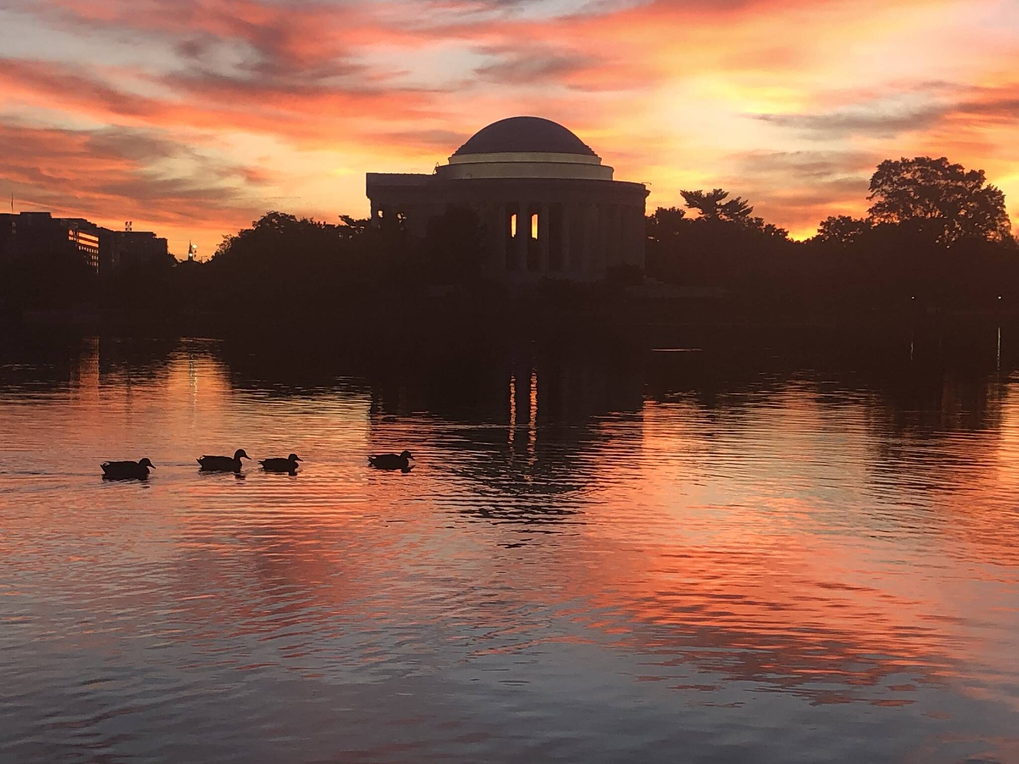 Colorful clouds on Wednesday reflected in the Tidal Basin as the sun rises.