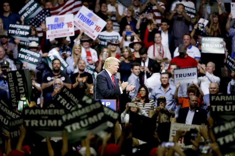 Trump speaks during a rally in&nbsp;Fresno, Calif. (AP/Chris Carlson)</p>  