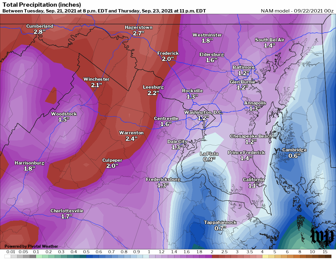 Forecast model shows the potential for 1 to 2 inches of rain or even a bit more today through tomorrow, with the highest amounts focused west of D.C. and I-95. (Pivotal Weather/CWG)