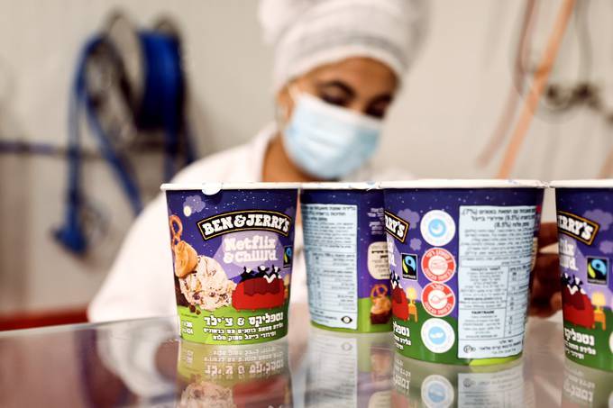 Tubs of ice-cream are seen at a Ben &amp; Jerry's factory in Be'er Tuvia, Israel last week. (REUTERS/Ronen Zvulun)
