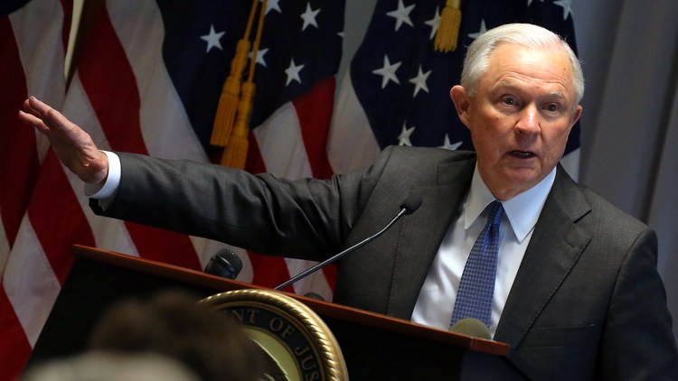 Jeff Sessions speaks at the federal courthouse in Central Islip, New York. (Peter Foley/EPA)</p>  