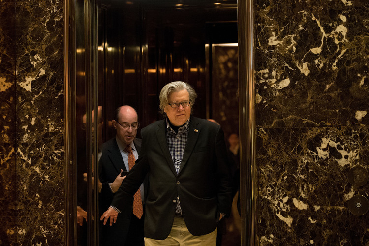 Steve Bannon exits an elevator in the lobby of Trump Tower in New York City. (Drew Angerer/Getty)</p>  