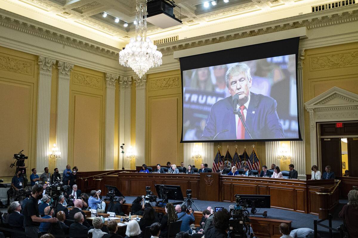 An image of former president Donald Trump is displayed during Tuesday's Jan. 6 hearing. (Al Drago/Pool Photo via AP)