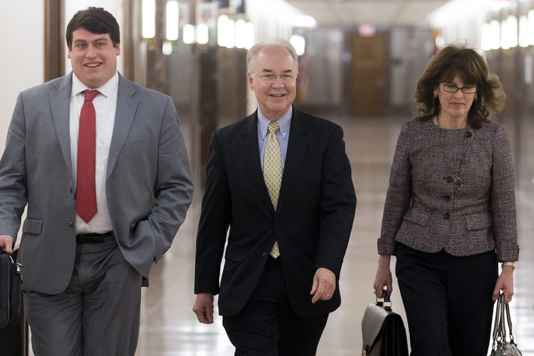 Tom Price walks to a meeting with Bernie Sanders in Dirksen yesterday. (Michael Reynolds/EPA)</p>