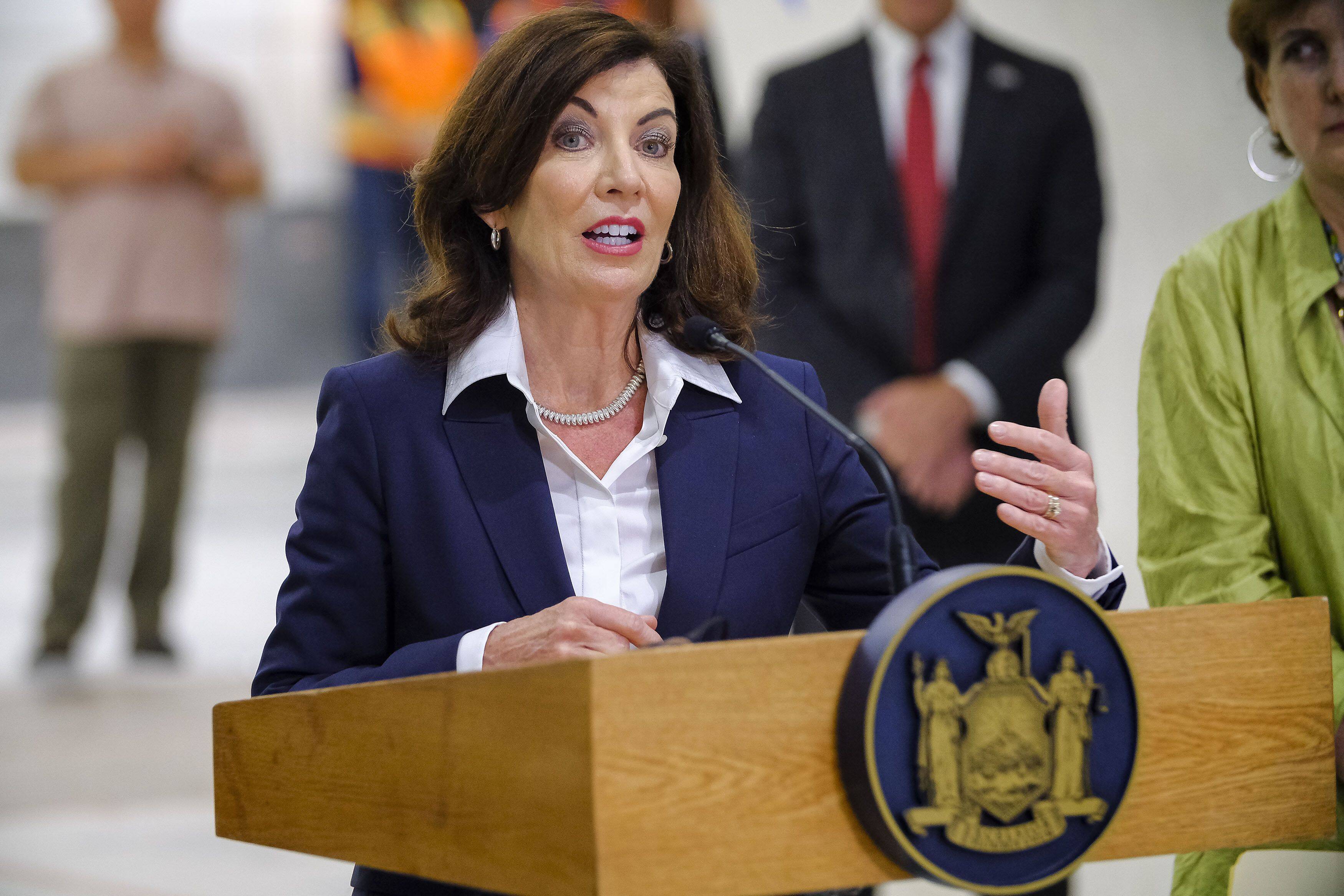 New York Gov. Kathy Hochul (D) speaks during a press conference while construction continues at the east side access project in Grand Central Terminal on May 31 in New York. (AP Photo/Eduardo Munoz Alvarez)