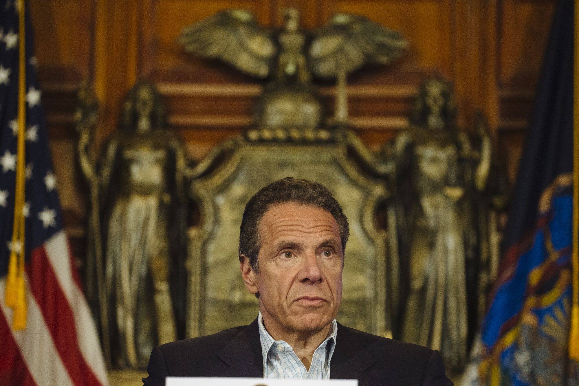 Andrew M. Cuomo, then governor of New York, speaks during a news conference on May 17, 2020.&nbsp;
