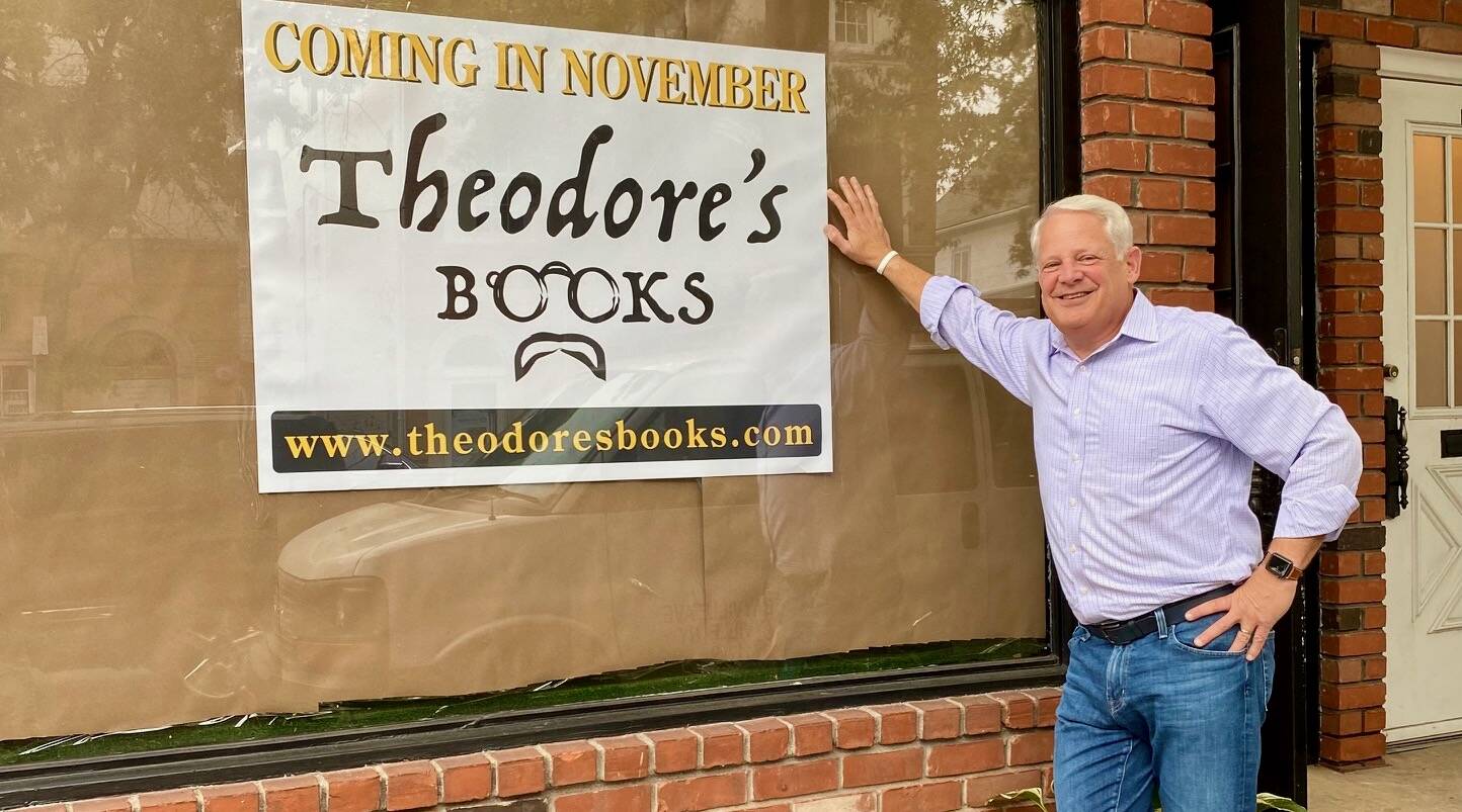 Former Congressman Steve Israel standing in front of his new bookstore just before opening day, in Oyster Bay, N.Y. (Courtesy of Theodore's Books)