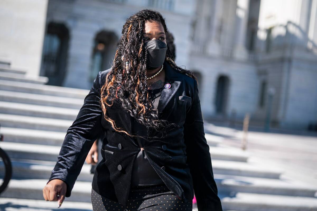 Rep. Cori Bush (D-Mo.) leaves the Capitol after a vote Feb. 9. (Jabin Botsford/The Washington Post)