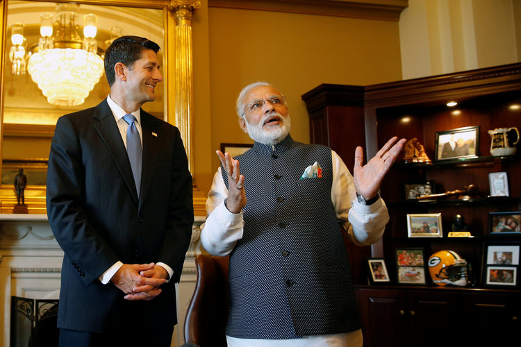 India's Prime Minister meets with Ryan in his office yesterday. (Reuters/Carlos Barria)</p>  