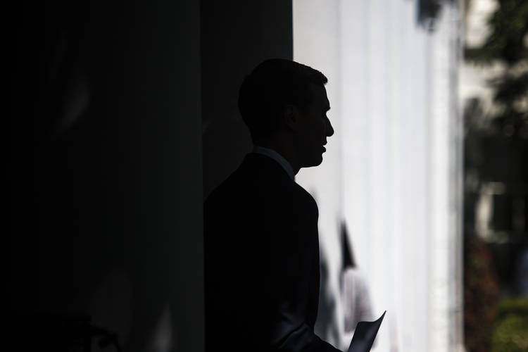 Jared Kushner arrives in the Rose Garden to hear his father-in-law deliver a speech in May. (Jabin Botsford/The Washington Post)  