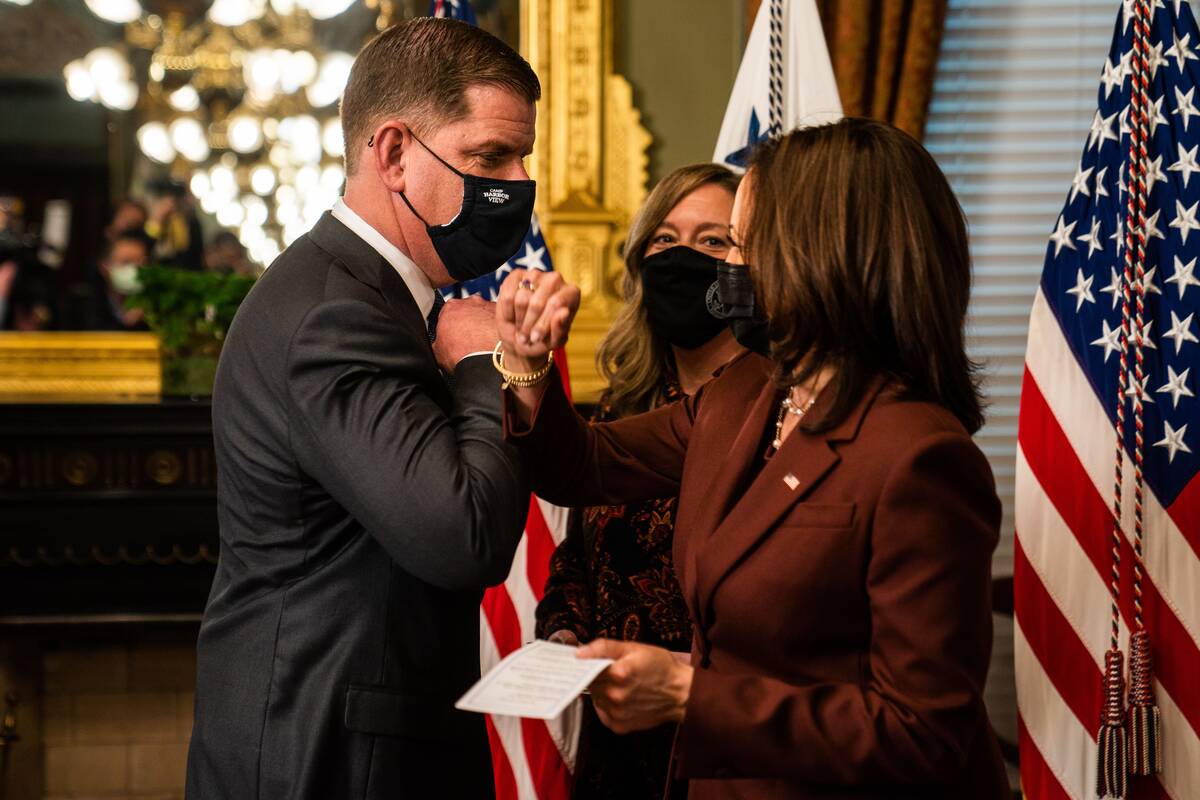 Vice President Harris swears in Marty Walsh as Labor Secretary on March 23, 2021. (Demetrius Freeman/The Washington Post)