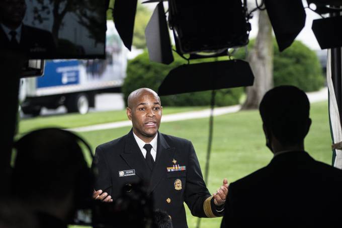 Former surgeon general Jerome Adams speaks during a television interview in July 2020. (Photo by Jabin Botsford/The Washington Post)