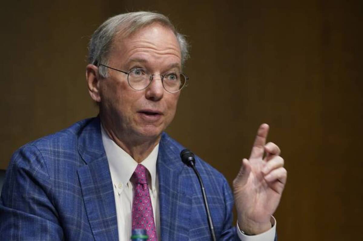 Eric E. Schmidt, co-founder of Schmidt Futures, speaks on Capitol Hill in Washington on Feb. 23, 2021, during a hearing on emerging technologies and their impact on national security. (Susan Walsh/AP)