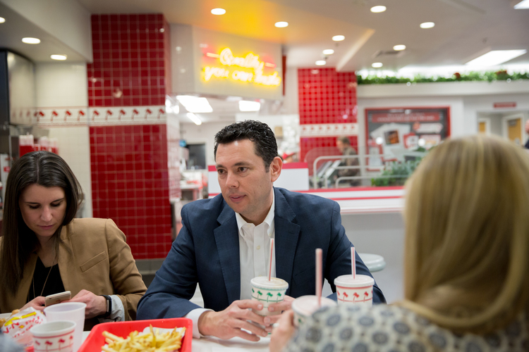 Jason Chaffetz eats&nbsp;with staff at In-N-Out Burger after a town hall in Cottonwood Heights, Utah, last Thursday night. (Kim Raff for The Washington Post)</p>  