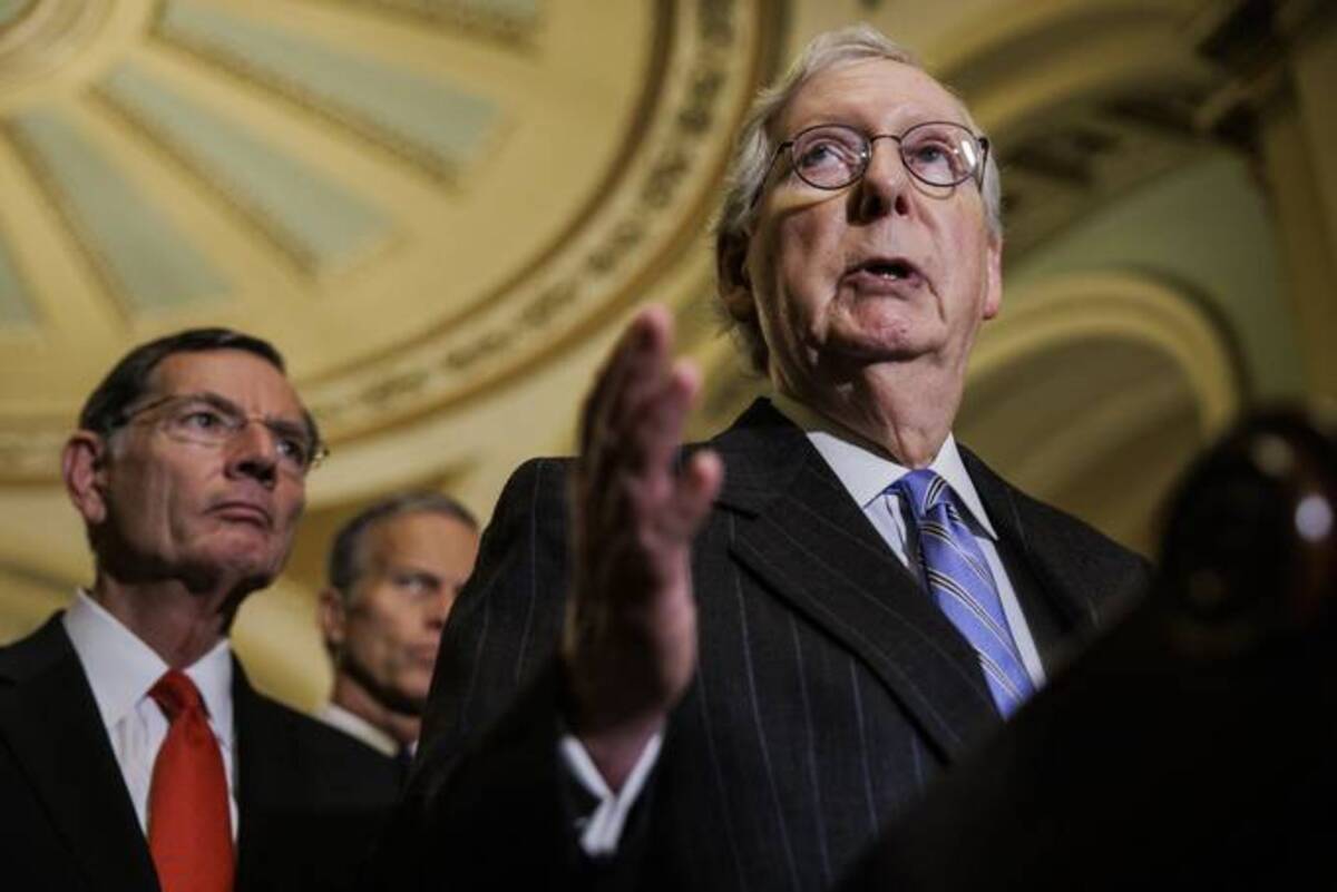 Senate Minority Leader Mitch McConnell (R-Ky.) speaks during a news conference with other Senate Republican leaders at the U.S. Capitol building in Washington, D.C., on Nov. 2, 2021. (Samuel Corum/Bloomberg News)