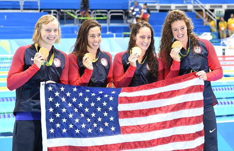 All they do is win.&nbsp;The Women's 4x200m freestyle team of Allison Schmitt, Leah Smith, Maya DiRado and Katie Ledecky&nbsp;took Gold yesterday.&nbsp;(Photo by Jonathan Newton/The Washington Post)</p>  