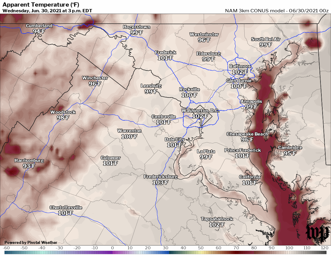 D.C. area heat index expected to peak near or past 100 degrees this afternoon. (Pivotal Weather/CWG)