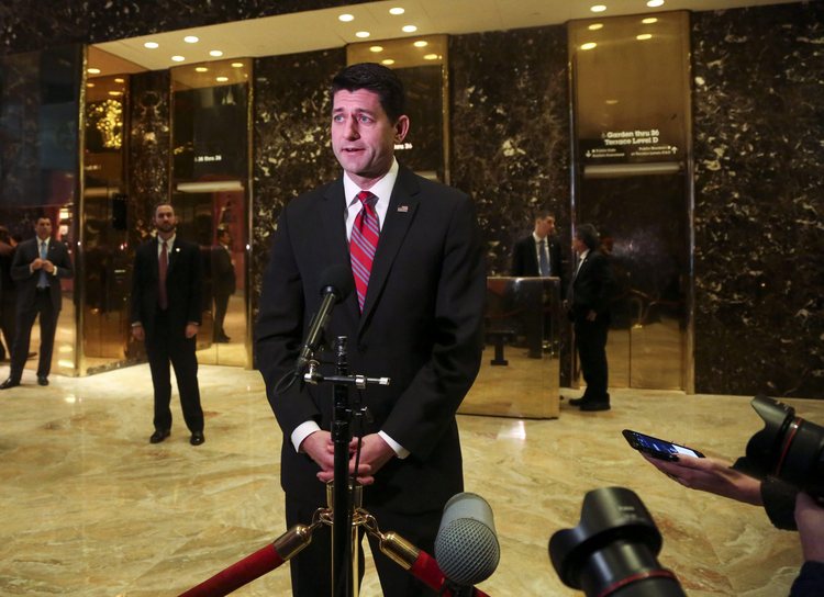 Paul Ryan speaks very briefly to the press after his meeting with Trump at Trump Tower last week. (Aude&nbsp;Guerrucci/EPA/Pool)</p>  