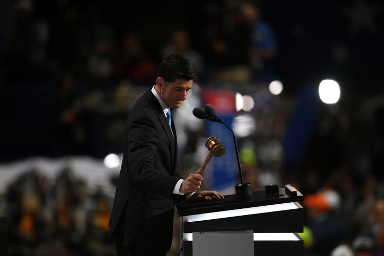 Paul Ryan gavels in the second day of the Republican convention n Cleveland.&nbsp;(Toni L. Sandys/The Washington Post)</p>  
