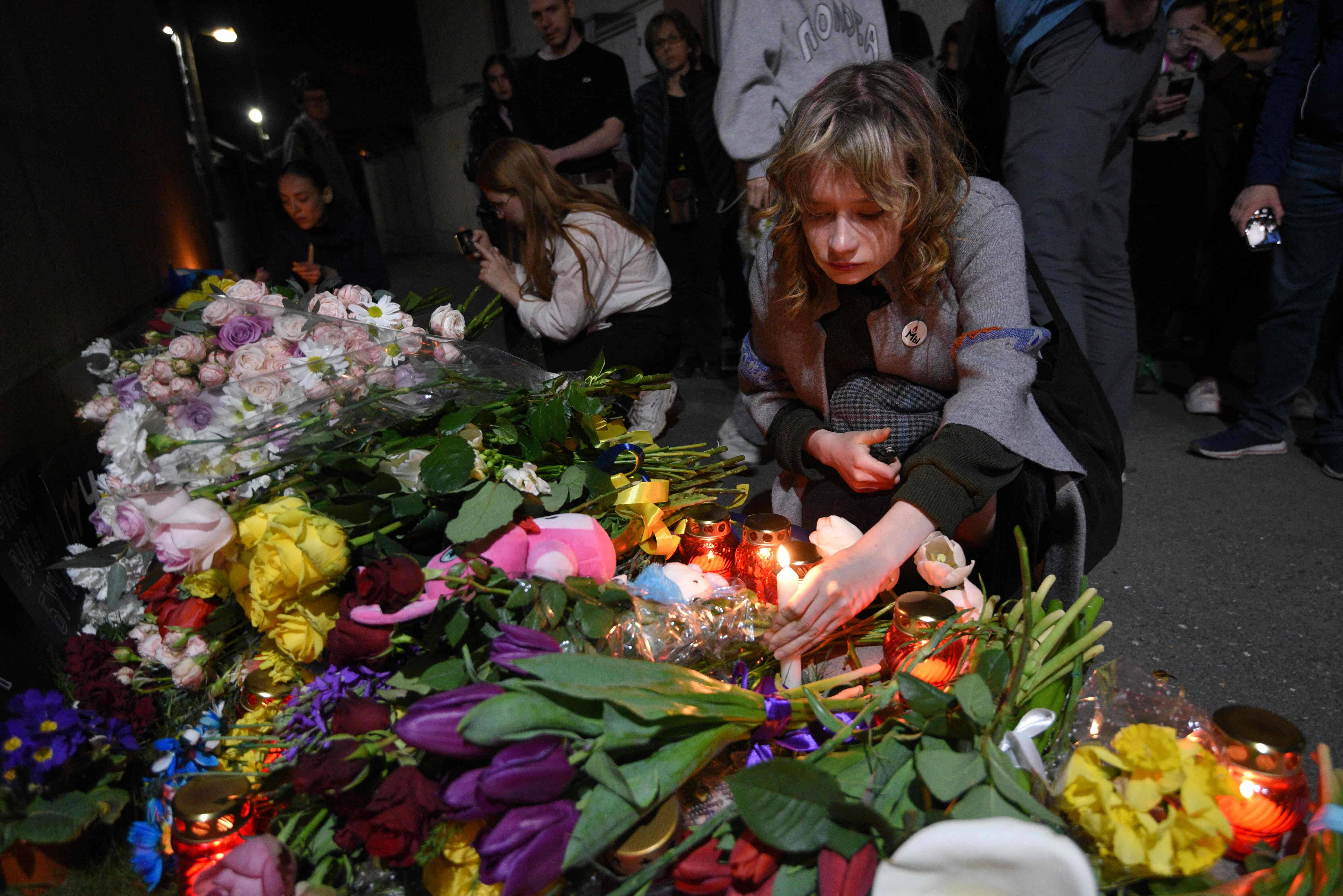 A memorial on Monday outside the Ukrainian Embassy in Yerevan, Armenia, honors those killed in Bucha, Ukraine. (Karen Minasyan/AFP/Getty Images)