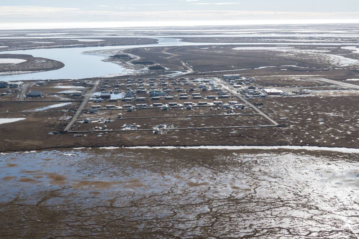 An aerial view of Nuiqsut, Alaska, on May 28, 2019. (Bonnie Jo Mount/The Washington Post)