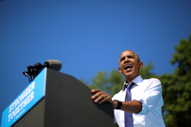 Barack Obama speaks at a rally for Hillary Clinton in Philadelphia yesterday.&nbsp;(Carlos Barria/Reuters)</p>  