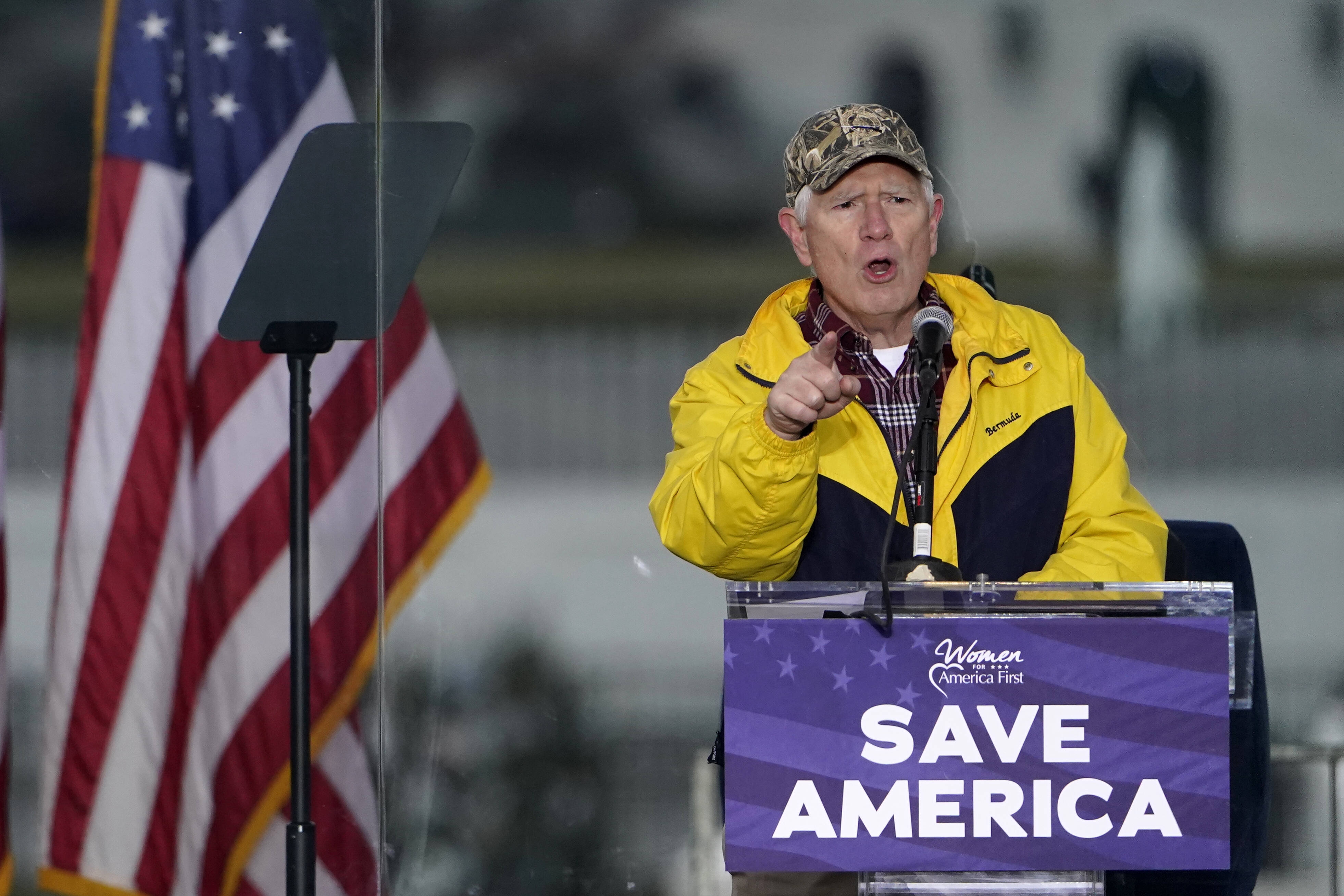 Rep. Mo Brooks (R-Ala.) speaks at the Jan. 6 rally. He's wearing body armor underneath his windbreaker.
