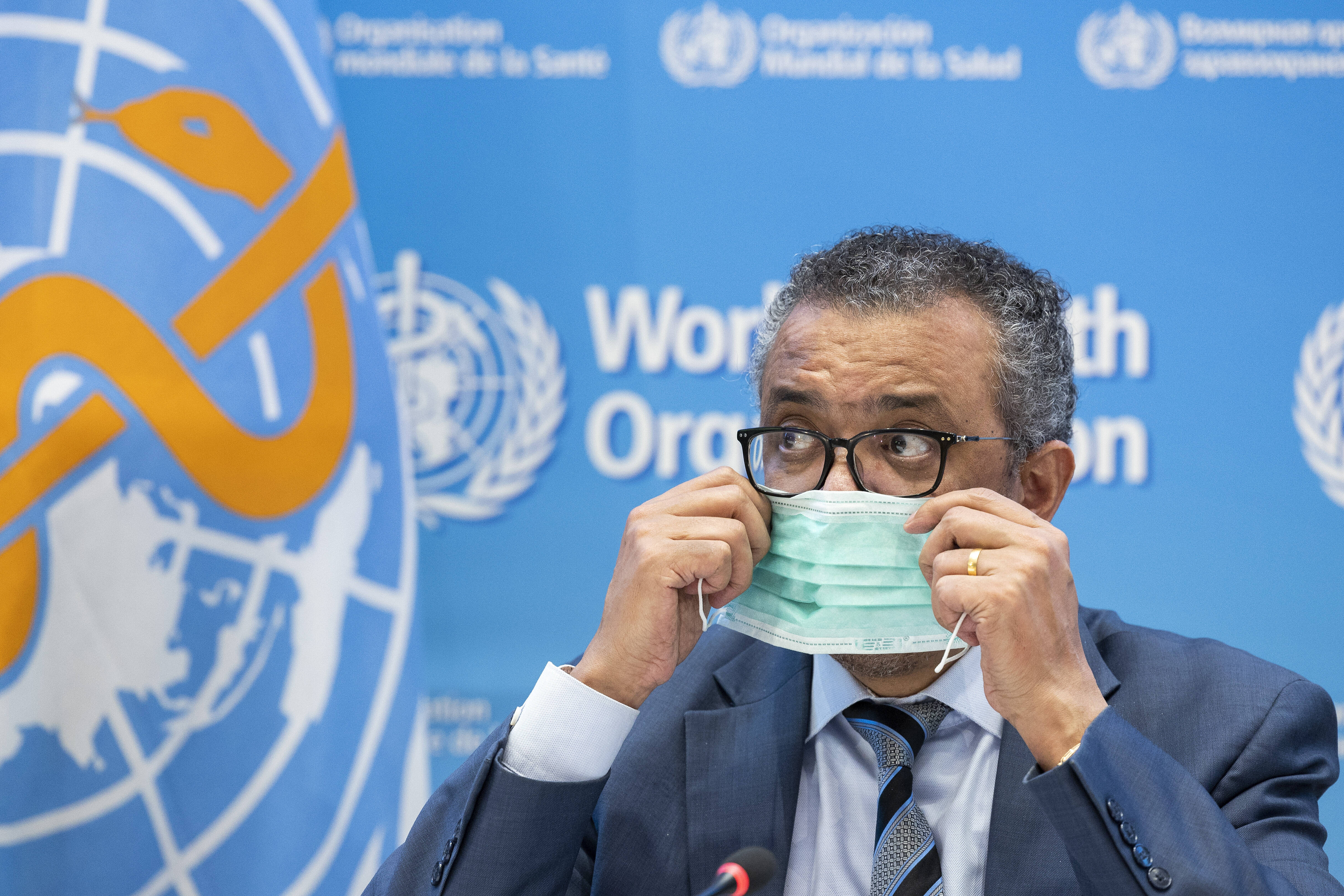 Director General Tedros Adhanom Ghebreyesus during a new news conference at the World Health Organization headquarters in Geneva on Dec. 20, 2021. (Salvatore Di Nolfi/AP)