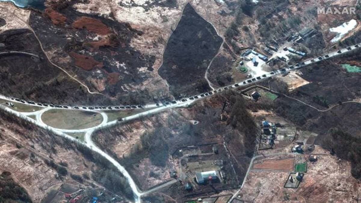 A satellite image shows a military convoy near Invankiv, Ukraine, on Feb. 28. (2022 Maxar Technologies via AP)