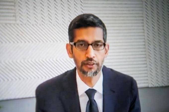 Sundar Pichai of Google testifies before the House Judiciary Committee on July 29, 2020. (Carolyn Van Houten/The Washington Post)
