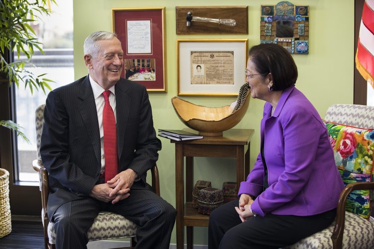 James Mattis meets with Sen. Mazie Hirono (D-Hawaii) in the Hart Senate Office Building on Friday. (Jim Lo Scalzo/EPA)</p>  