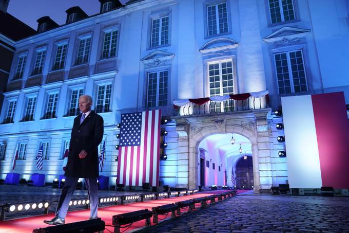 President Biden arrives to speak about the Russian invasion of Ukraine, at the Royal Castle in Warsaw on March 26. (Evan Vucci/AP Photo)