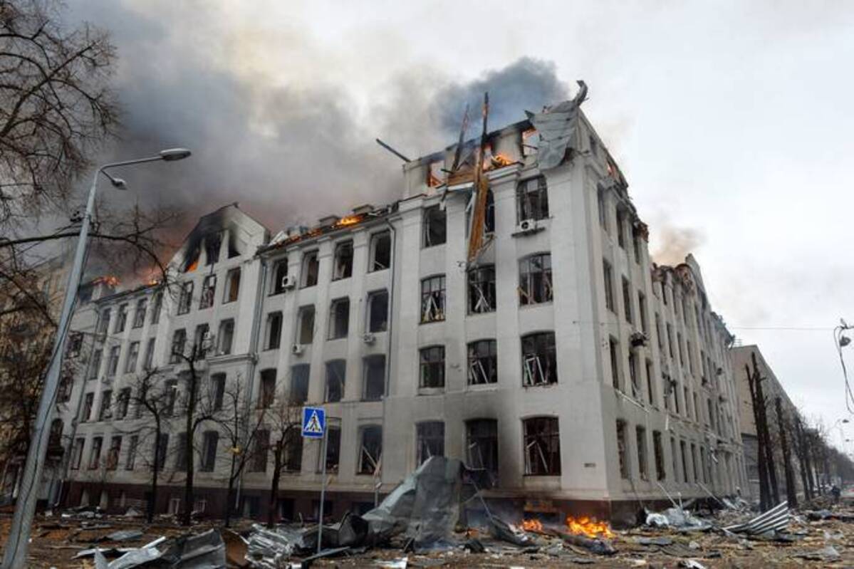 The scene of a fire at the economy department building of Karazin Kharkiv National University in Kharkiv, Ukraine, allegedly hit during recent shelling by Russia. (Sergey Bobok/AFP/Getty Images)&nbsp;