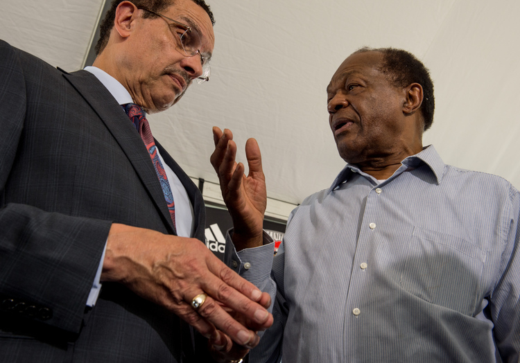 Vincent Gray and Marion Barry converse in 2013. (Photo by Nikki Kahn/The Washington Post)</p>  