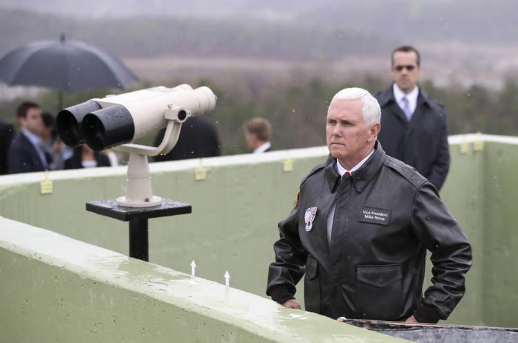 Mike Pence looks at North Korea from Observation Post Ouellette in the Demilitarized Zone.&nbsp;(AP/Lee Jin-man)</p>  