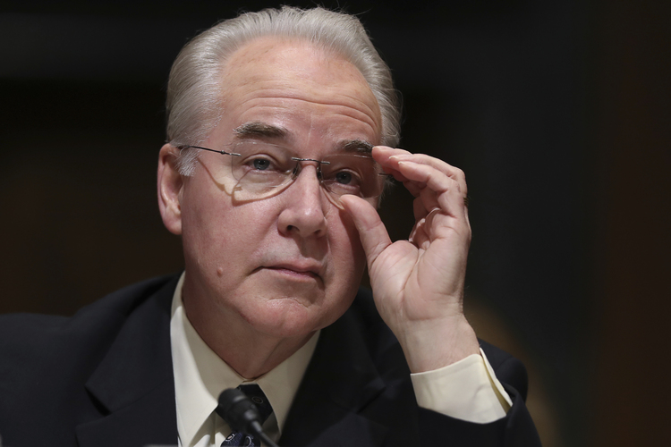 Tom Price testifies during his confirmation hearing before the Senate Finance Committee. (Andrew Harnik/AP)</p>