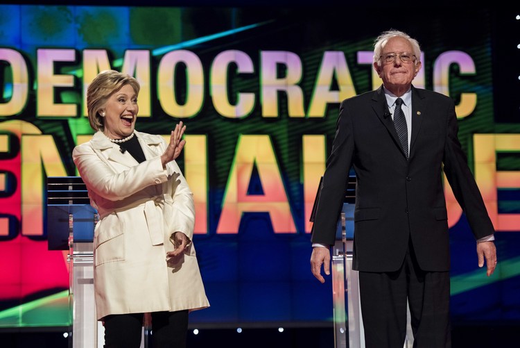 Hillary and Bernie at the Brooklyn debate on April 14.&nbsp;(Photo by Melina Mara/The Washington Post)</p>  
