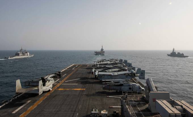 The deck of the amphibious assault ship USS Makin Island is seen in the Arabian Sea. (Mass Communication Specialist 3rd Class Ethan Jaymes Morrow/U.S. Navy/AP)