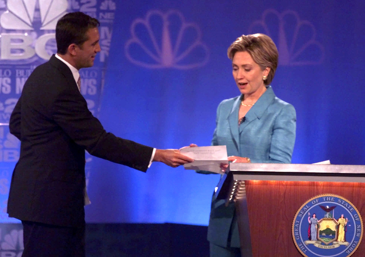 Rick Lazio&nbsp;offers Hillary Clinton&nbsp;a pledge to stop using "soft money" during their first debate in Buffalo, N.Y. It was a disastrous gambit.&nbsp;(Richard Drew, AP File)</p>  