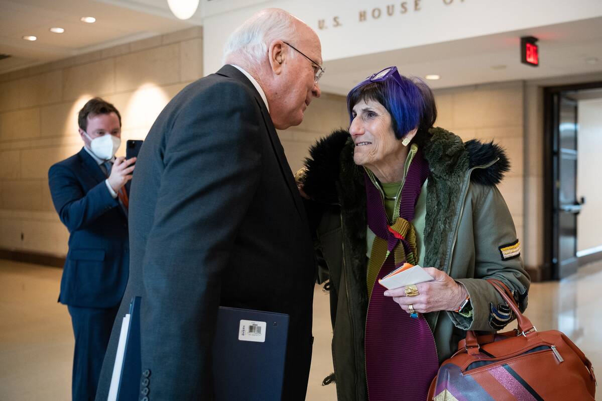 Senate Appropriations Chair Patrick Leahy (D-Vt.) speaks with House Appropriations Chair Rosa DeLauro (D-Conn.) at the Capitol on March 1. (Graeme Sloan/EPA-EFE/Shutterstock)
