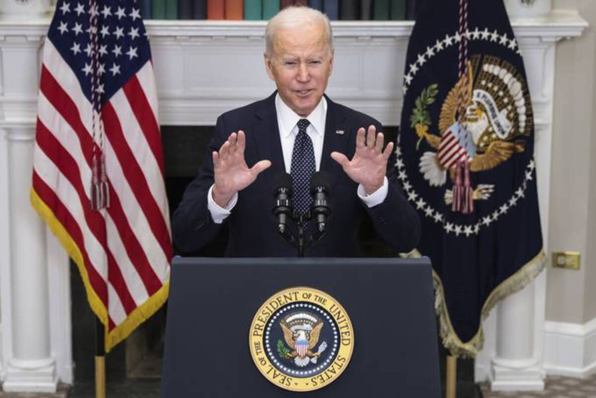 President Biden speaks in the Roosevelt Room of the White House on Friday. (Oliver Contreras/Sipa/Bloomberg News)